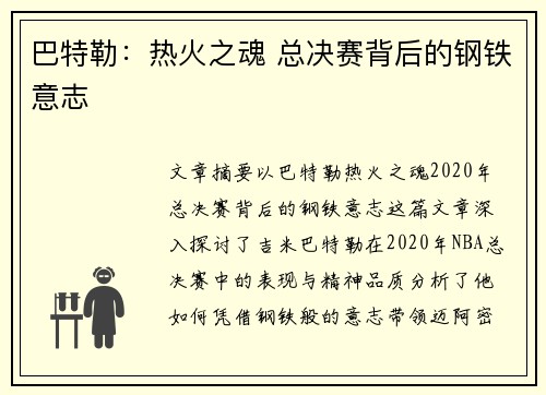 巴特勒：热火之魂 总决赛背后的钢铁意志