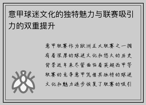 意甲球迷文化的独特魅力与联赛吸引力的双重提升 意甲球迷文化的独特魅力与联赛吸引力的双重提升